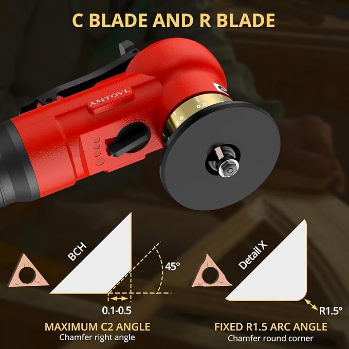 AMTOVL Pneumatic Chamfering Tool - Mini Air Chamfer Tool with 10 C-Angle & 10 R-Angle Blades, 45° 30000 RPM Chamfering Tool for Metal and Wood with 1/4" Air Inlet