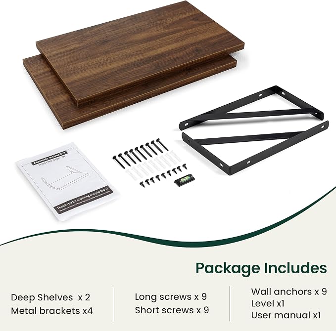 Floating Shelves 12 Inch Deep, 24W x 12D Wall Shelf Set of 2, 50 lbs Heavy Duty Reversible Metal Brackets, Deep Industrial Book Shelf for Living Room Kitchen Bath Bedroom Coffee Bar, Walnut