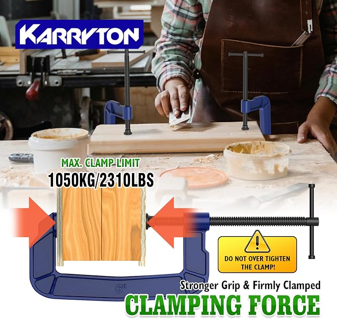 6 inch C Clamps 4-Pack, 3-3/8"(86mm) Large Deep Throat, Ductile Iron C-Clamp w/ 2310LB Clamping Force, Unique Ergonomic Design for Welding, Woodworking, Metal and DIY Projects