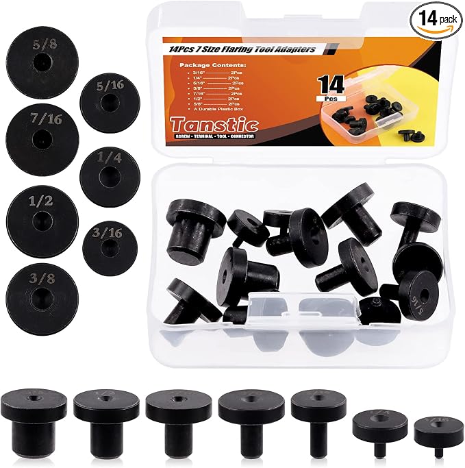 Tanstic 14Pcs Carbon Steel Double Flaring Tool Adapters Set, Fit for 3/16, 1/4, 5/16, 3/8, 7/16, 1/2, 5/8 Inch Tube Expander Flaring Tubing Expander for Copper, Aluminum, Soft Steel Brake Line