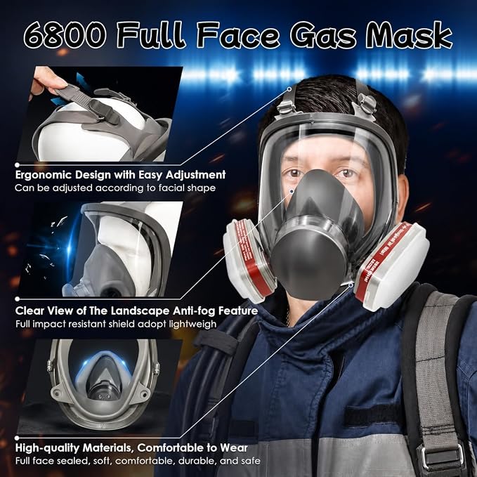 Full Face Respirator Mask with Dual Filter Cartridges - Reusable Silicone Gas Mask with Anti-Fog Visor, Replaceable Filters & Accessories for Painting, Chemical Work, Sanding