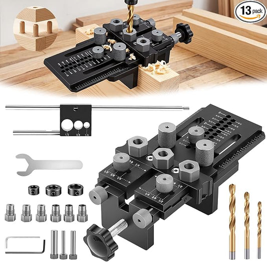 Dowel Jig Kit with Quick Positive Stop & Clamp, Adjustable Doweling Jig for 1/4", 3/8", 1/2" Drill Bits, Accurate Straight Holes for Any Thickness Wood Joints, Cabinet & Furniture