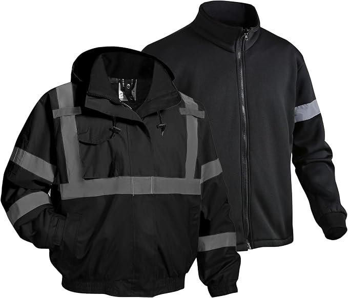 3 in 1 Safety jacket,Reflective high Visibility Hooded jacket,Hi Vis Bomber Jacket shell and fleece lining,Waterproof,ANSI Class 3 Black,2XL
