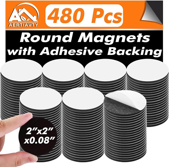 Aertiavty Round Magnets with Adhesive Backing, 480 Pcs 2" Fridge Magnets, Adhesive Magnet Dots, 80 Mil Sticky Magnets for Whiteboard, Refrigerator, Crafts, Easy Peel and Stick
