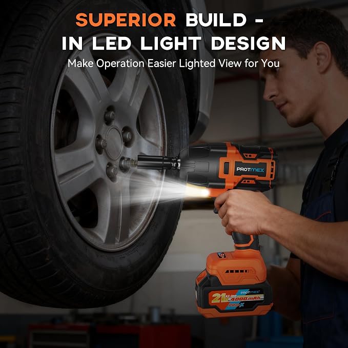 Protmex 900Ft-lbs (1200N.m) Impact Wrench, 1/2" Cordless Impact Driver, 21V High Torque Power Impact Gun - 2x4.0Ah Batteries, Variable Speeds Impact Motor for Pickup Truck/Family Car (Orange Red)