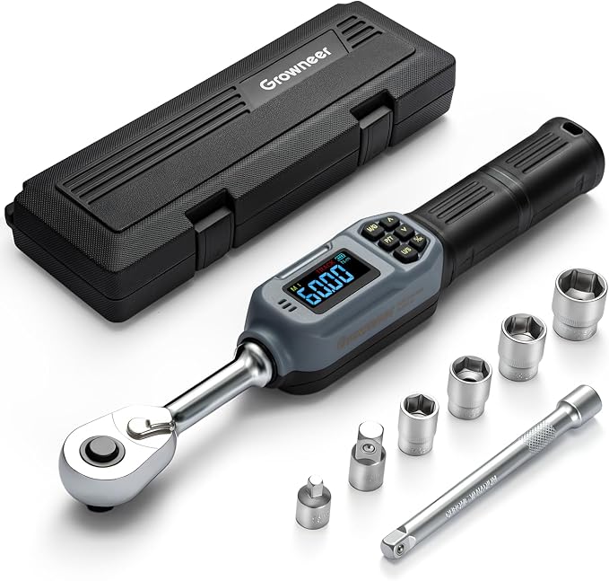 GROWNEER Digital Torque Wrench, 2.2-44.2 Ft-lbs/3-60 Nm, 3/8'' Drive Rachet Torque Wrench with Buzzer & Colorful LED Indicator, Electronic Torque Wrench Set for Bike Motorcycle Auto Repair