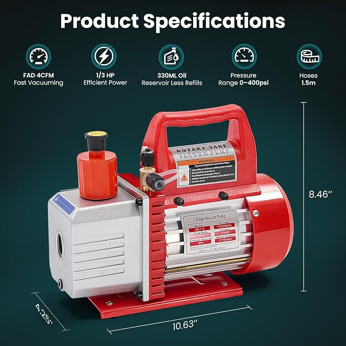 OLIXIS 110V 1/3 HP 4CFM Single Stage Vacuum Pump Kit with R134a Manifold Gauge Set, Leak Detector, 1/4" Hoses & Carry Bag for HVAC AC Refrigeration, ETL Listed, Blue