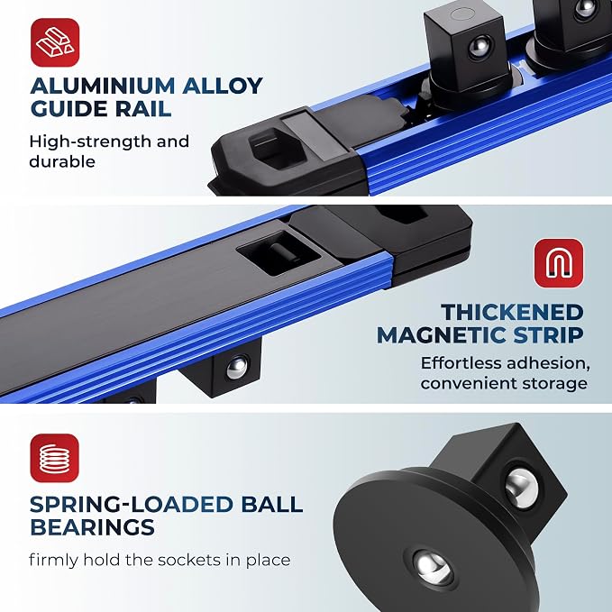 Reniteco Magnetic Socket Organizer, 1/4" Drive Aluminum Alloy Socket Rail, Heavy Duty Magnetic Socket Holder with 14PC 360° Swivel Removable Clips, Magnetic Socket Rack for Tool Box Drawer, Blue