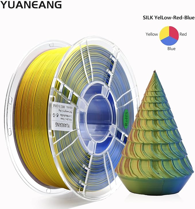 Silk Triple-Color PLA Filament 1.75mm Red-Yellow-Blue | ±0.03mm Precision, 1kg Spool (2.2 lbs), Glossy Multi-Tone Gradient, Neatly Wound, Compatible with Most 3D Printers