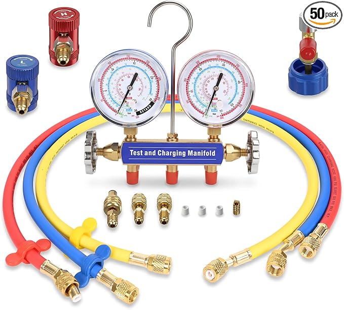 42036 2-Valve HVAC Manifold Gauge Set for A2L Refrigerants R22/R32/R454B/R410A, Refrigerant Gauges 42036 with 3-1/8" Gauges, 60" Plus II Color Hoses