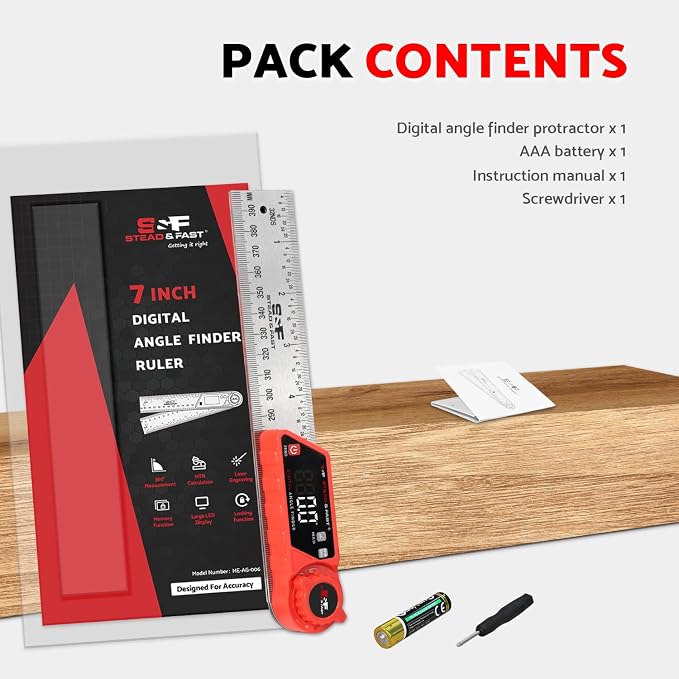 S&F STEAD & FAST Digital Angle Finder with Miter Button, 7 Inch / 200 mm Stainless Steel Digital Protractor, 0–360° Angle Ruler with XL LED Display, ±0.2° Accuracy for Woodworking, Construction