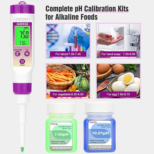 pH Meter for Food, Digital Electronic pH Tester for Fermentation, 3 * 50ml pH Calibration Solution Kits Hot Sauce, Food Tester Probe for Cheese, Sourdough, Salsa, pH Test Strips for Acidity