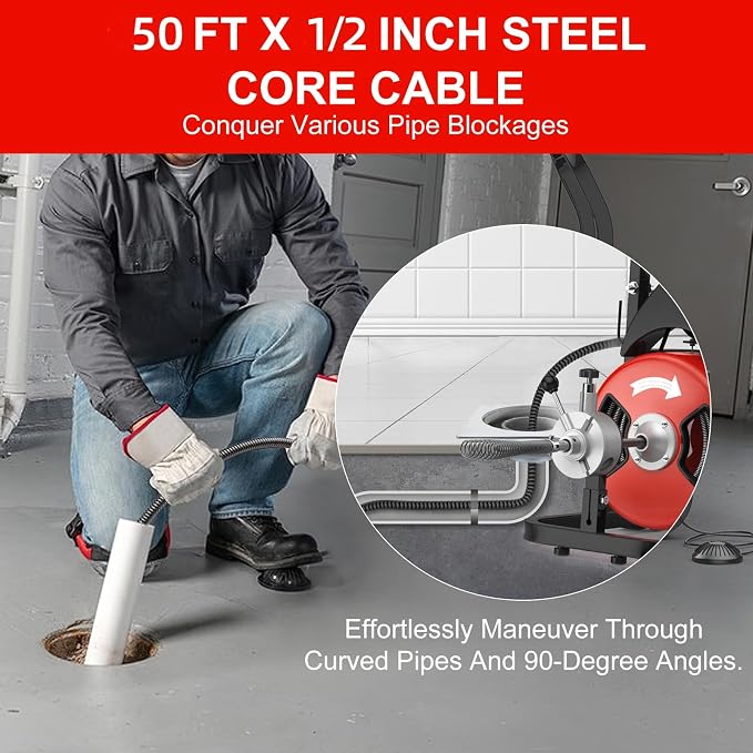 50FT 1/2 Inch Auto Feed Drain Cleaning Machine, Portable Electric Drain Auger with 6 Cutter & Air-Activated Foot Switch, Sewer Snake Drain Cleaner for 1" to 4" Pipes, Red