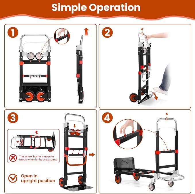 3-in-1 Convertible Heavy Duty Folding Hand Truck Dolly, 600LB Capacity with Rubber& Wheels Telescoping Handles, Portable Collapsible Cart for Warehouse, Supermarket, Office (Red)