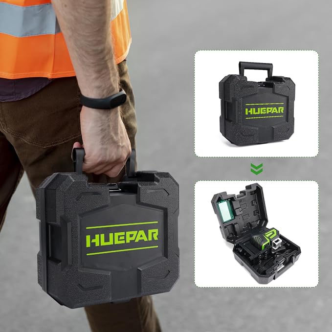 Huepar Self Leveling Laser Level Green Cross Line Laser with 2 Plumb Dots Laser Tool -360° Horizontal Line Plus 140° Vertical Level Laser with Up & Down Points - Rechargeable & Magnetic Bracket 7211CG