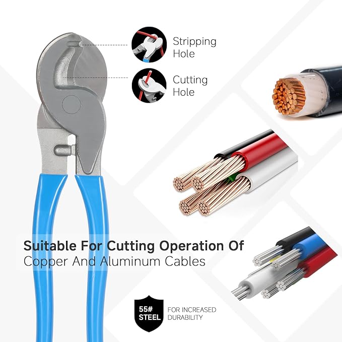 10 US Ton Hydraulic Crimper Tool Kit with Cable Cutter, 9 US Standard Chromed Hexagonal Dies 12, 10, 8, 6, 4, 2, 1/0, 2/0 AWG for Electrical Terminal Cable Lugs and 1/8” for Wire Rope Crimping