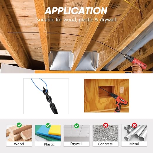 HUAALIUCHE 36" Flexible Installer Drill Bit for Pulling Wires in Walls, Ceilings, and Sidewalks, 1/2" Auger with Screw Point & Fish Eye, 3/16" 3-Flat Shank for Wood & Conduits, with Storage Tube
