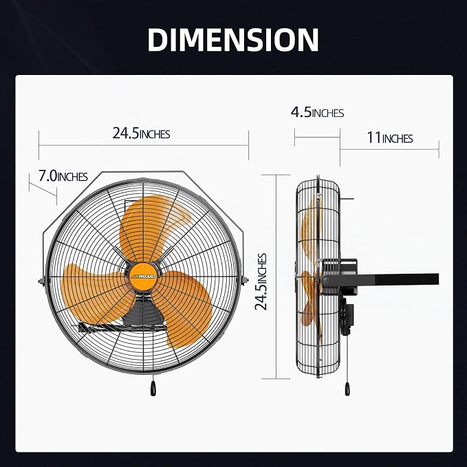 20" Industrial Wall Mount Fan, 4850 CFM High Velocity [Garage, Workshop, Gym] Sealed Motor, 3 Speed Metal Fan, 180° Tilt, Commercial Grade - UL Listed