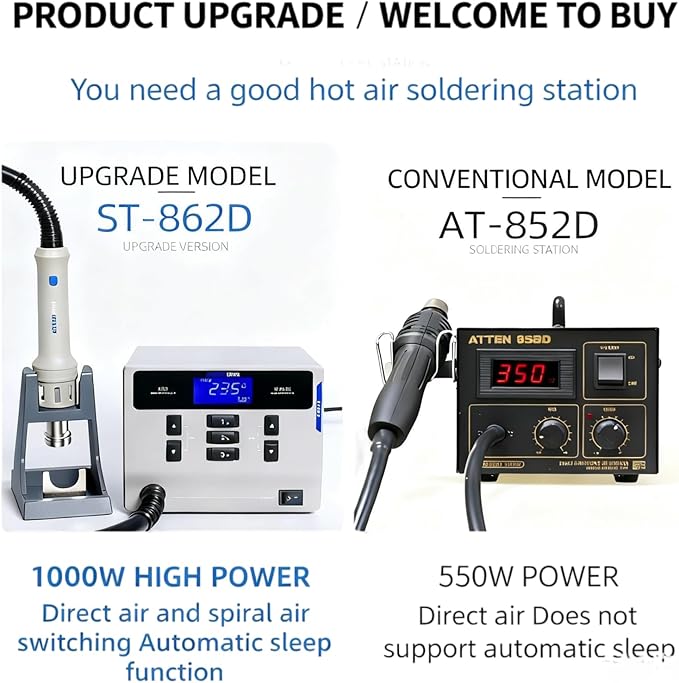 ATTEN ST-862D 1000W Digital Hot Air Rework Station - Temperature Controlled BGA/SMD Rework Station with Straight/Spiral Air Switch, Auto Sleep, 4 Nozzles for PCB Chip Soldering and Desoldering