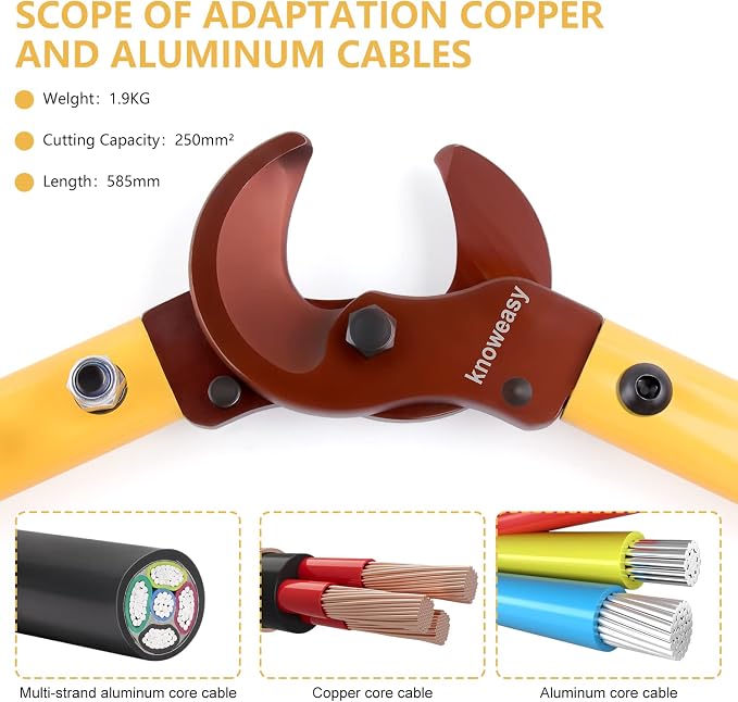 Cable Cutter,Knoweasy LK-250 Wire Rope Cutter and Heavy Duty Wire Cutter with Long Labor Saving Arms for Copper Aluminum Wire up to 250mm²