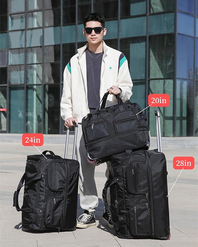 Expandable Rolling Duffle Bag with Wheels, 28" Foldable Carry On Luggage Suitcases, Water-Resistant Travel Duffle Bag Carry On Suitcase Weekend Bag for Women Men Brown