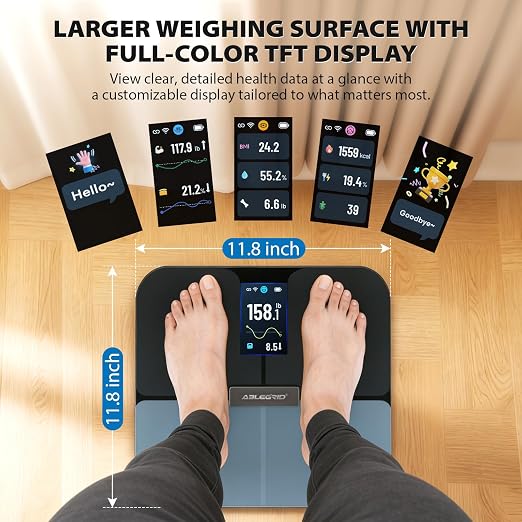 ABLEGRID Smart WiFi Digital Bathroom Scale for Body Weight, Auto-Rotating TFT Display Body Fat Scale with BMI Muscle Mass, 500lb High Capacity, 11.8" Platform, 20 Accurate Body Compositions via App