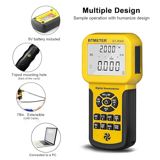 BTMETER BT-856A Pro CFM Anemometer Measures Wind Speed, Wind Flow, Wind Temp for HVAC Air Flow Velocity Meter with USB