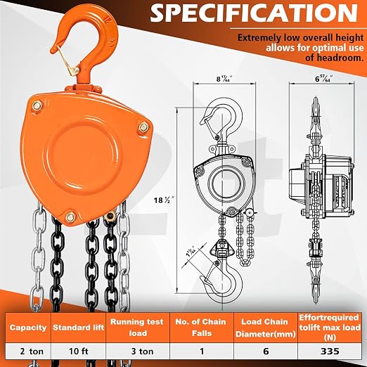 YATOINTO Chain Hoist 2 Ton(4400Lbs) Capacity 10FT Manual Hand Lift Steel Chain Block Hoist with 2 Heavy Duty Hooks Industrial Grade Steel Structures for Garages Automotive Machinery (2 Ton (4400lb))