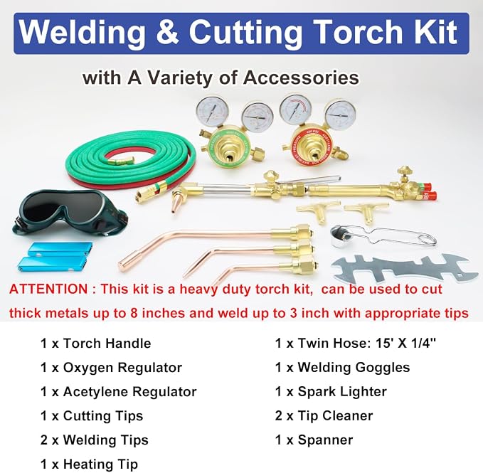 Heavy Duty Cutting Torch Set Oxy Acetylene Torch Kit,Portable Gas Cutting Torch and Welding Kit with Acetylene Oxygen Gas Regulator Welding Hose Welding Glasses (23576#)