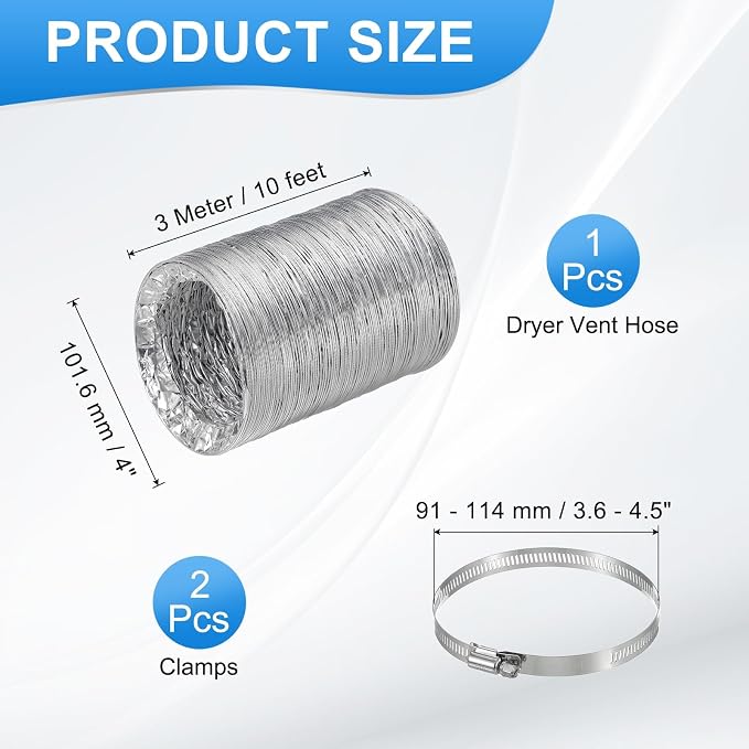 PATIKIL 10 Feet Dryer Vent Hose, 3 Inch Diameter Flexible Aluminum Ducting Flex Air Ducting Dryer Vent 4 Clamps Included for Heating Ventilation Air Conditioning, Silver