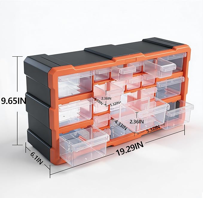 PurKeep 22 Compartment Plastic Tool Storage Box, Orange Hardware Organizer with Clear Drawers, Stackable Wall Mount Cabinet for Screws, Bolts, Craft Supplies, Garage Organization