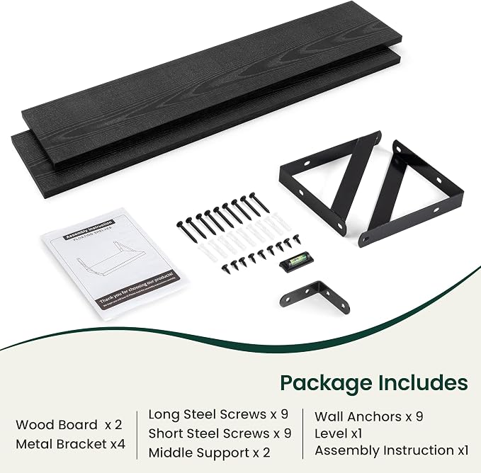 Floating Shelves 8 Inch Deep, 36W x 8D Wall Shelf Set of 2, 60 lbs Heavy Duty Reversible Metal Brackets, Industrial Book Shelf for Living Room Kitchen Bathroom Bedroom Gallery Wall, Black