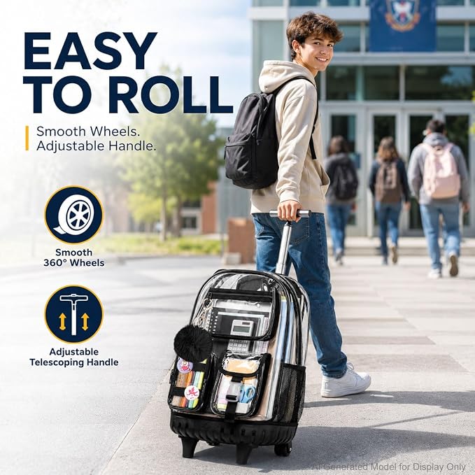 CCJPX 3Pcs Clear Rolling Backpack for Girls Women, Heavy Duty PVC Transparent Wheeled Bookbag, See Through School Bags with Wheels for Teens Elementary Travel - Black