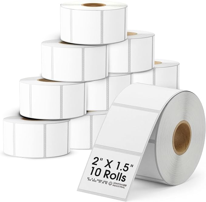 Spartan Industrial - 2" X 1.5” Direct Thermal Printer Labels (9000 Count, 10 Rolls) - Perforated Shipping Address Labels, UPC Barcode Stickers for Inventory - Compatible with Zebra and Rollo Printers