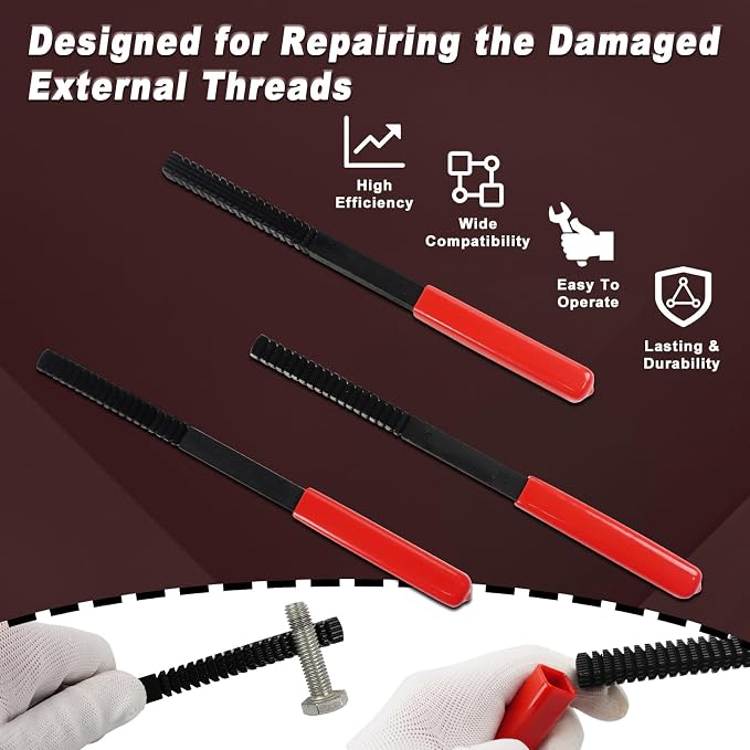 3Pcs Thread File Set, Thread Restoring Chaser Files Metric and SAE | Thread Restorer File Set High Carbon Steel Thread Repair Tool for Thread Repair File Set, Thread Cleaner Tool