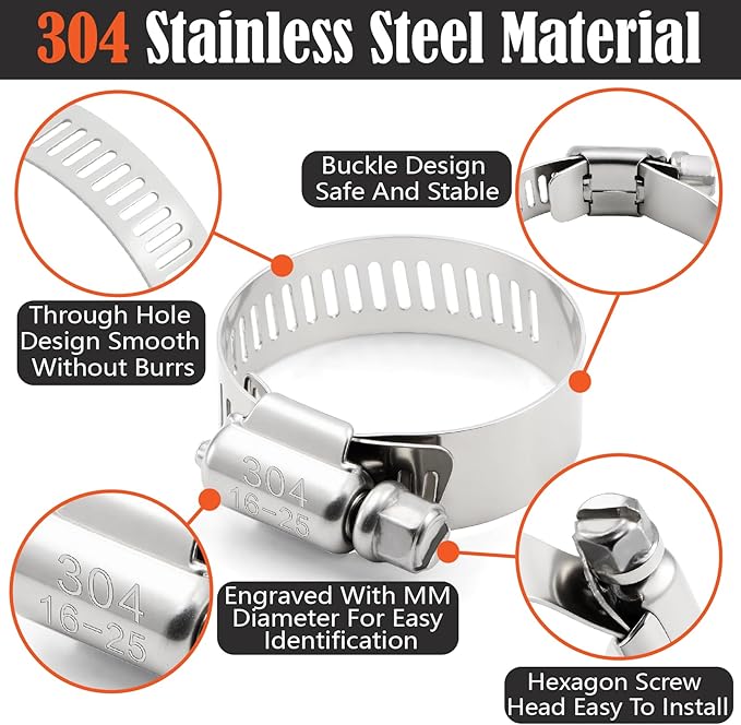 185Pcs Hose Clamps 304 Stainless Steel Assortment Kit,Adjustable 1/4"-2"(6-51mm) Worm Gear Hose Clamp For Fuel Line,Pipeline,Automotive,Radiator Plumbing,Industry,Garden