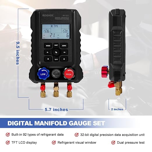 Digital Manifold Gauge, HVAC Refrigerants Digital AC Gauges Set with 2 Thermometer Clamps and 3 Hoses, for R22/R410A/R134A/1234YF Refrigerant Recharge Kit