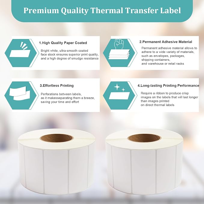 Industrial Thermal Transfer Labels, 2 x 3 Inches, 3 Inch Core, 1,800 Labels/Roll- 1 Rolls/Case, Perforated, Ribbon Required, for Thermal Transfer Printers