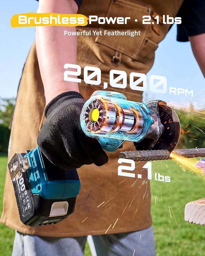 Seesii 21V Brushless 3" Cordless Cut-Off Tool with 2x 4.0Ah Batteries, 20000 RPM Mini Angle Grinder with 0.1s Safety Brake & Forward/Reverse, Cordless Cutter for Metal, Tile, Rebar