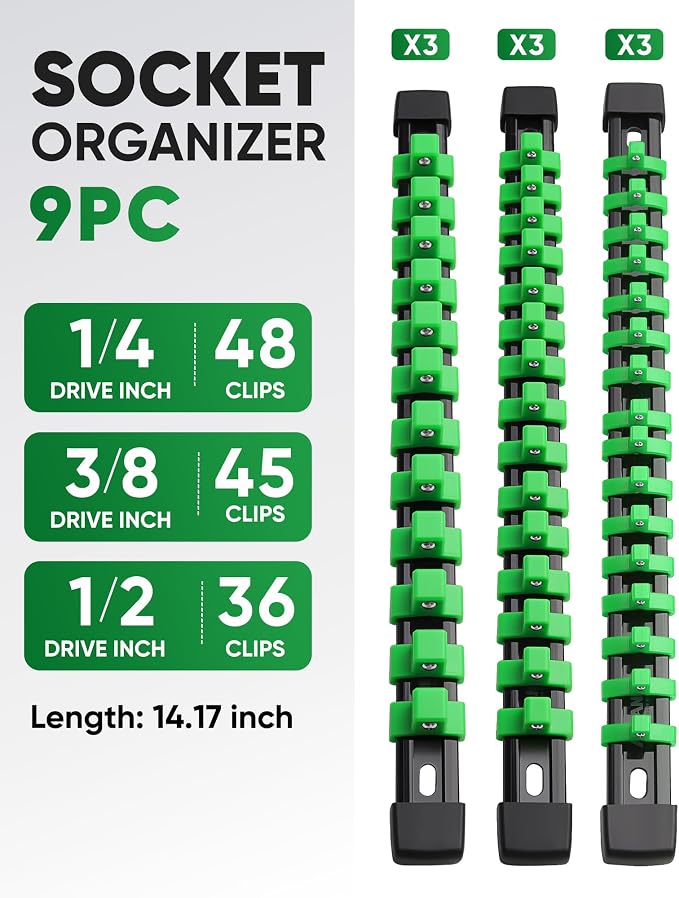 ALOANES 9PC Socket Organizer, Socket Rails Fit 1/2", 1/4" and 3/8" Drive | Heavy Duty ABS Socket Holders Hold up 129 Sockets for Toolbox Drawer Bags(Green)