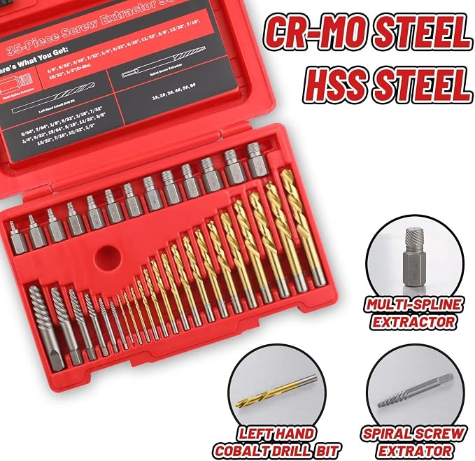 39 Pcs Screw Extractor Set, 6542/4341 HSS Left Hand Drill Bit Set, Easy Out Extractor Set Multi-Spline Stripped Screw Extractor Set for Removing Damaged Broken Rusted Nuts, Bolts
