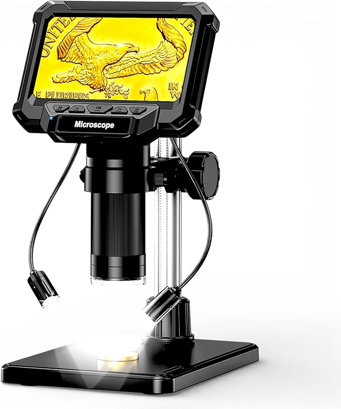 4.3" Coin Microscope for Error Coins (Detail View Only), 1000X Digital LCD Magnifier with Anti-Glare Side Lights, 1080P USB PC View (Win/Mac), Rechargeable Scope for Numismatic Grading
