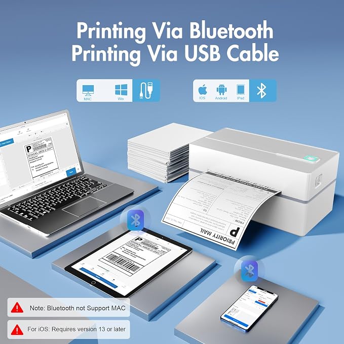 Bluetooth Thermal Shipping Label Printer: 4x6 Wireless Label Maker with Tape for Small Business - Compatible with iPhone, Android, Windows & Mac, Widely Used for USPS UPS Amazon Shopify, White