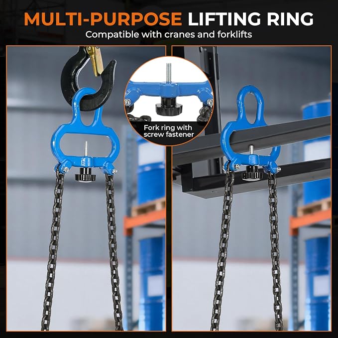 BEAMNOVA Upgraded Chain Drum Lifter 1 Ton / 2200lbs Loading Capacity for 55 Gallon Drums Forklift Hoist Crane Metal Plastic Barrel Double Lifting Chains, Double Hooks & Chains