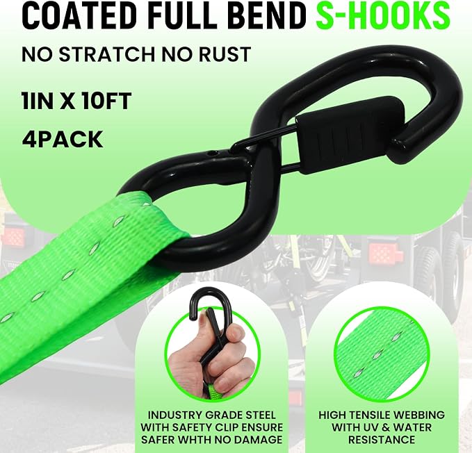 Retractable Ratchet Straps (Patented-4pack) - 1 inch x 10Feet (1,800lb Break Strength) Auto Self Retracting Tie Down Straps - Self Retractable Straps with Refletcive for Motorcyle, Truck or Cargo