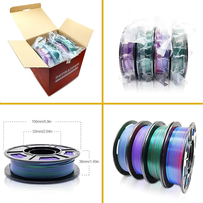 Reprapper 4X 250g Color Pack, Dual Color Filament Coextrusion PLA Filament 1.75mm for 3D Printer, 4 x 250g Spools Matte Red/Blue, Matte Purple/Green, Silk Red/Blue, Silk Purple/Green