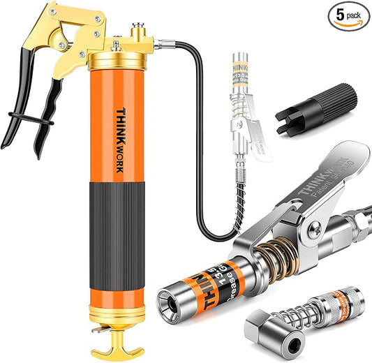 THINKWORK 8000 PSI Professional Heavy Duty Grease Gun Kit for 14 Oz Tubes, Pistol Grip Lube Grease Guns Tool with 0.53" Coupler & 90° Adaptor - Automotive, Marine, Industrial, Agricultural Machinery