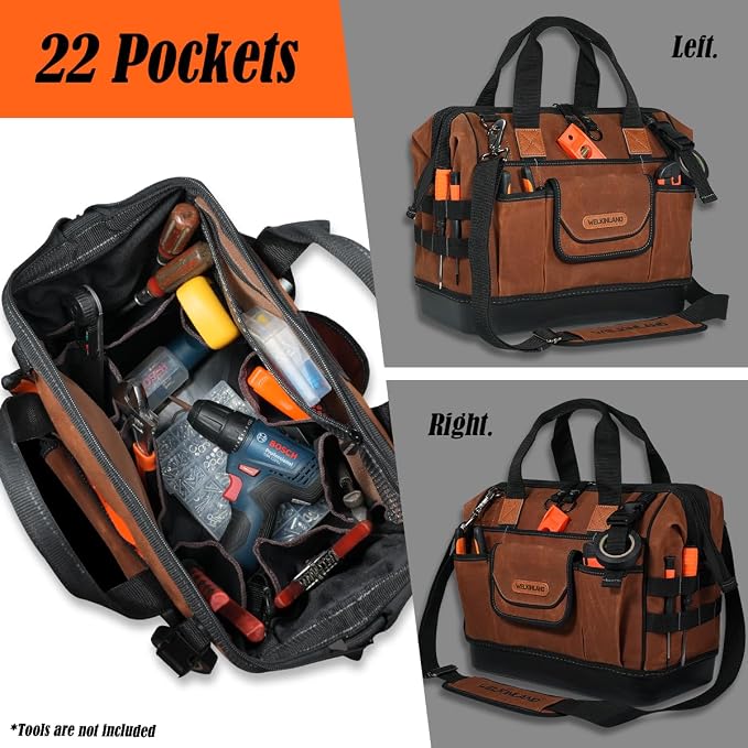 WELKINLAND 22-Pockets Hard Bottom Tool Bag, 14-Inch Waxed Canvas Tools Bag, 25L Heavy Duty Electrician Bags, HVAC Service Bags, Mechanic, Technician Tool Bag