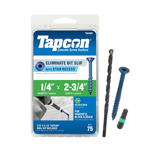 Tapcon 1/4 x 2-3/4 Inch Blue Climaseal® Star Head Concrete Anchors, 75 PCS, Corrosion Resistant Coating, Heavy-Duty Concrete and Masonry Screws, Superior Holding Strength, Drill & T-30 Bit Included