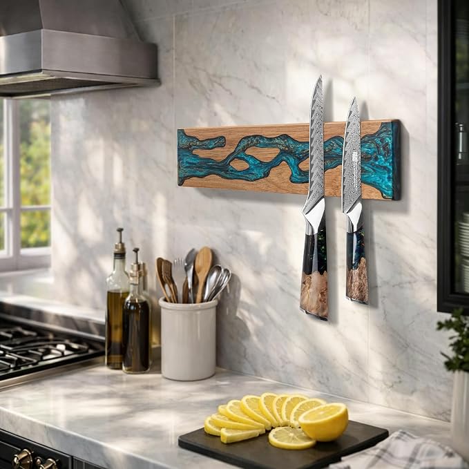 FINDKING Magnetic Knife Strip for Wall, Solid Acacia Wood with Mineral Blue Resin Inlay, Wall-Mounted Knife Holder with Strong Magnetic Hold, No-Drill Adhesive Mount (12 Inch)